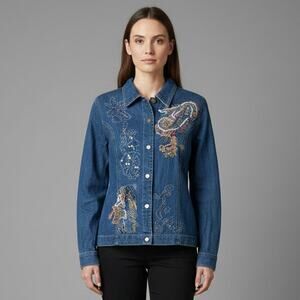Beautiful INDIGO MOON Floral Embroidered Denim Button Down Jacket Size Medium